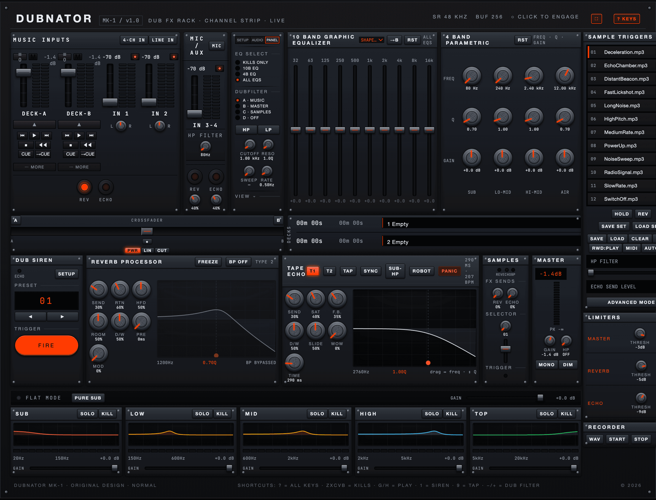 Dubnator's live FX rack and channel strip running in a browser — five-band kills, tape echo, dub sirens and a hands-free dub filter.